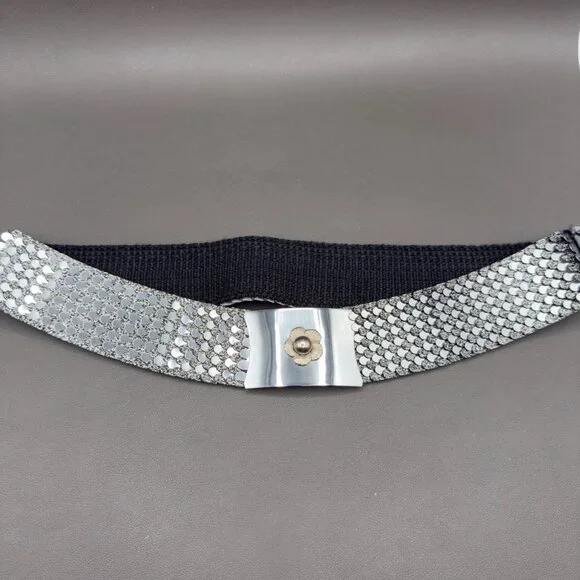 Vintage Women's Belt Small Medium Silver Fish Scale Metal Stretch Floral Buckle - Picture 12 of 15